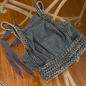 Anthropology Blue Denim Braided-Trim Crop Top with darling tie back closure
